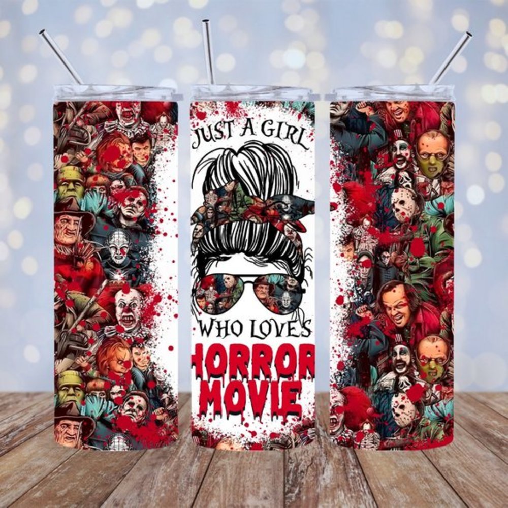 Horror Movie skinny tumbler drinking cup 20 Oz. with straw and lid.